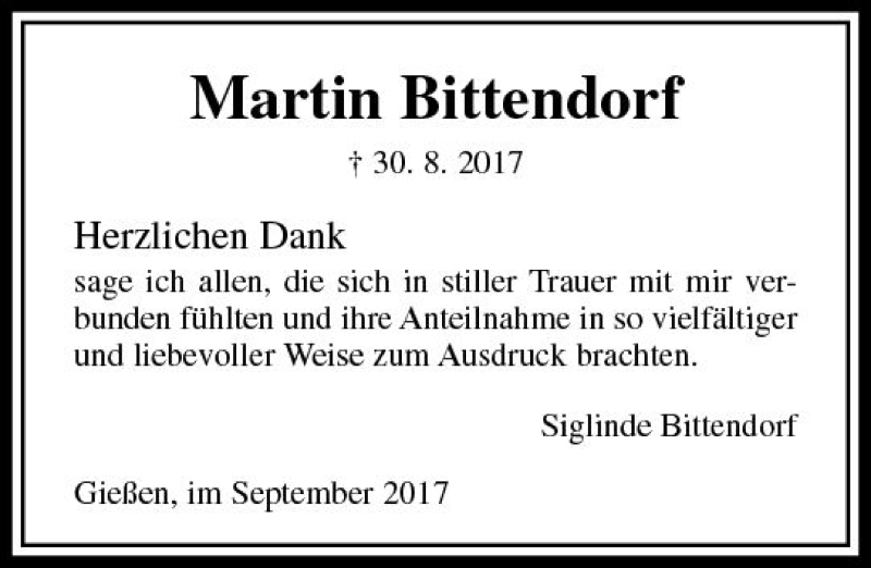  Traueranzeige für Martin Bittendorf vom 21.09.2017 aus  Gießener Anzeiger