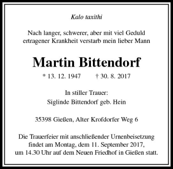Traueranzeige von Martin Bittendorf von  Gießener Anzeiger