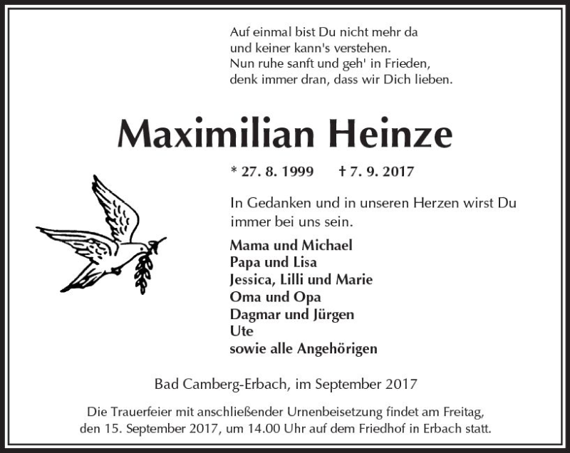  Traueranzeige für Maximilian Heinze vom 14.09.2017 aus  Camberger Anzeiger