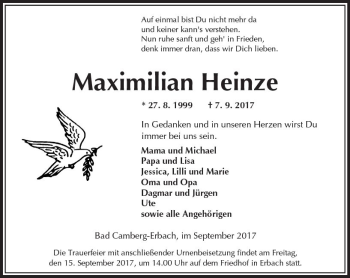 Traueranzeige von Maximilian Heinze von  Camberger Anzeiger