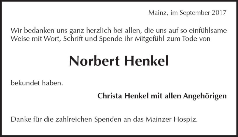  Traueranzeige für Norbert Henkel vom 23.09.2017 aus Trauerportal Rhein Main Presse