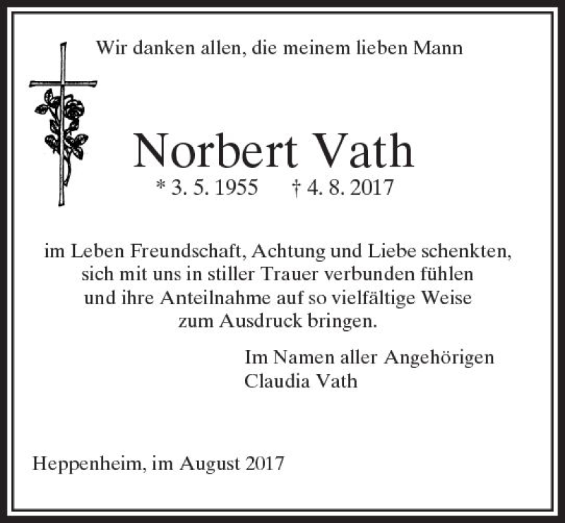  Traueranzeige für Norbert Vath vom 09.09.2017 aus Trauerportal Echo Online