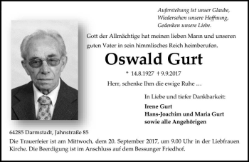 Traueranzeige von Oswald Gurt von Trauerportal Echo Online