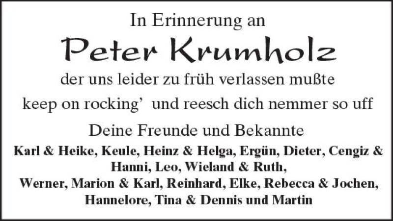  Traueranzeige für Peter Krumholz vom 09.09.2017 aus Trauerportal Echo Online