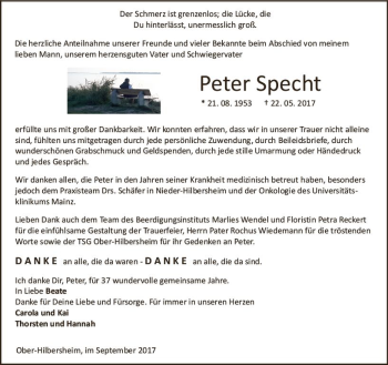 Traueranzeige von Peter Specht von Trauerportal Rhein Main Presse