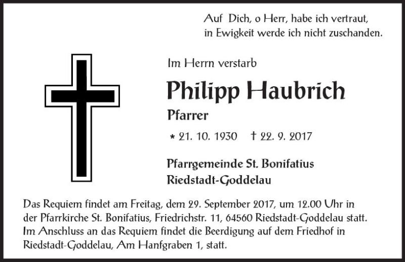  Traueranzeige für Philipp Haubrich vom 27.09.2017 aus Trauerportal Echo Online