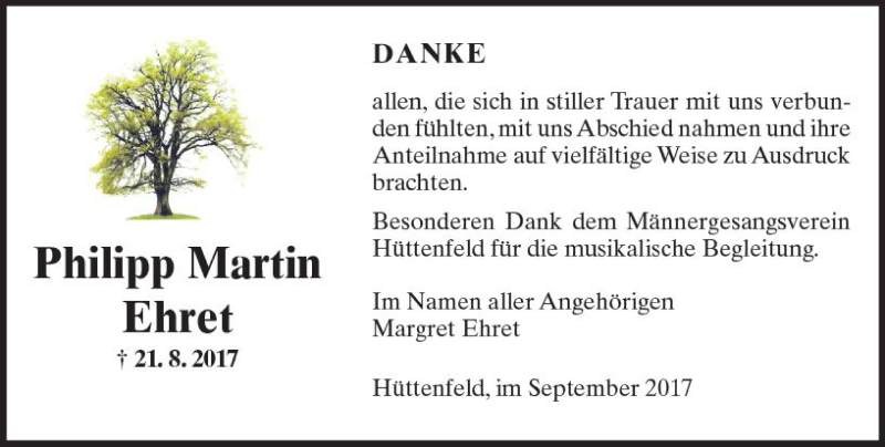  Traueranzeige für Philipp Martin Ehret vom 07.09.2017 aus Trauerportal Echo Online