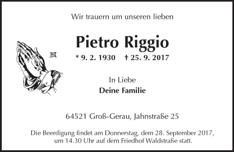  Traueranzeige für Pietro Riggio vom 27.09.2017 aus Trauerportal Echo Online