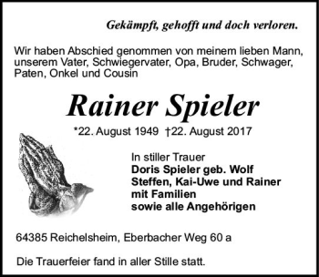 Traueranzeige von Rainer Spieler von Trauerportal Echo Online