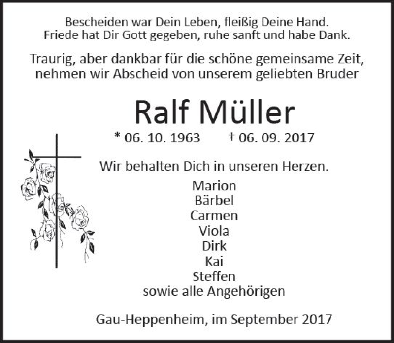  Traueranzeige für Ralf Müller vom 13.09.2017 aus Trauerportal Rhein Main Presse