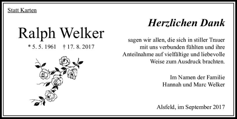  Traueranzeige für Ralph Welker vom 23.09.2017 aus VRM Trauer