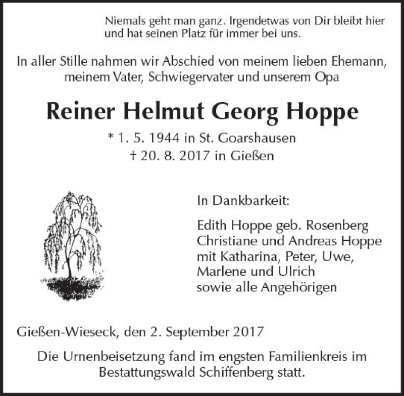  Traueranzeige für Reiner Helmut Georg Hoppe vom 02.09.2017 aus  Gießener Anzeiger