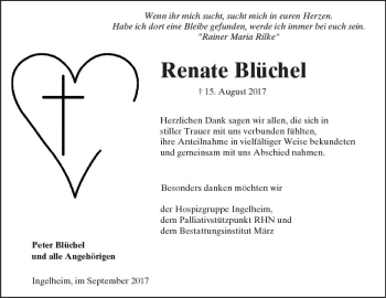Traueranzeige von Renate Blüchel von Trauerportal Rhein Main Presse