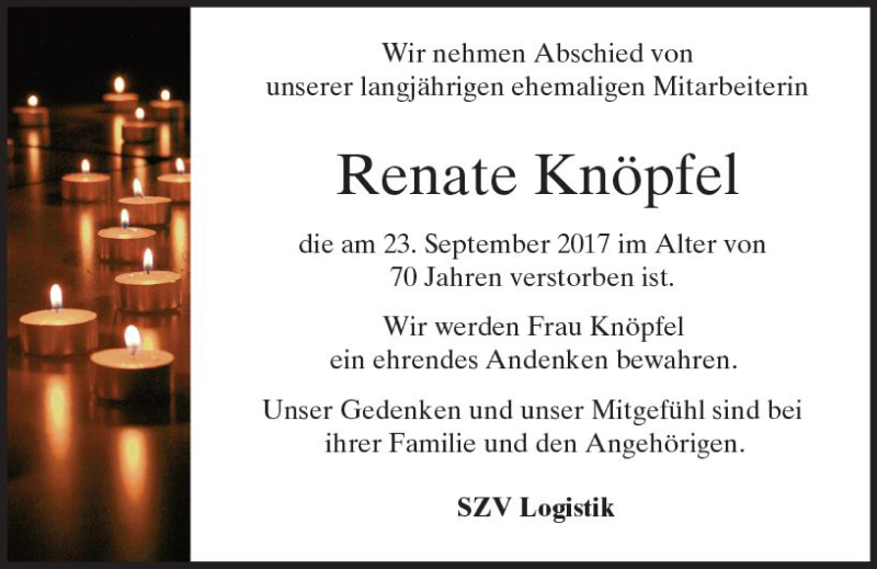  Traueranzeige für Renate Knöpfel vom 30.09.2017 aus Trauerportal Echo Online
