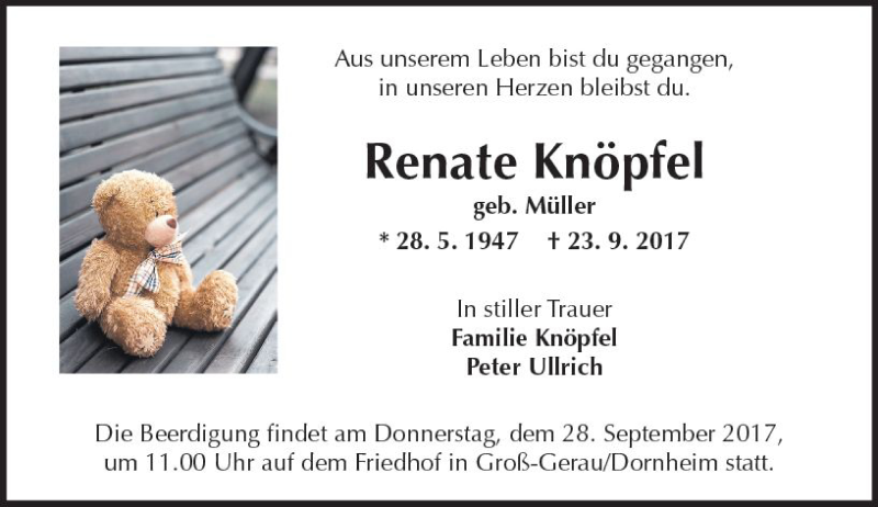  Traueranzeige für Renate Knöpfel vom 27.09.2017 aus Trauerportal Echo Online