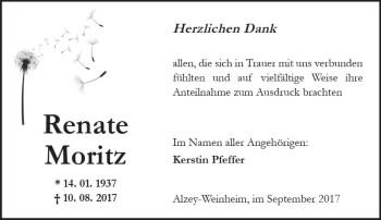 Traueranzeige von Renate Moritz von Trauerportal Rhein Main Presse