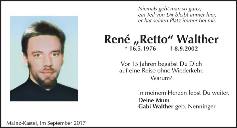  Traueranzeige für Rene Walther vom 08.09.2017 aus Trauerportal Rhein Main Presse