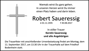 Traueranzeige von Robert Saueressig von Trauerportal Rhein Main Presse