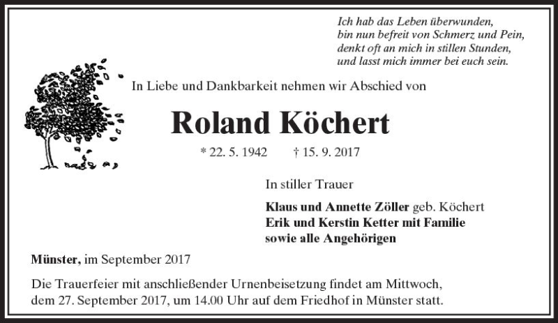  Traueranzeige für Roland Köchert vom 21.09.2017 aus  Camberger Anzeiger