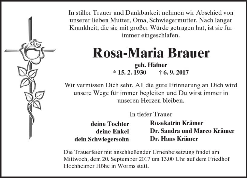  Traueranzeige für Rosa-Maria Brauer vom 16.09.2017 aus Trauerportal Rhein Main Presse