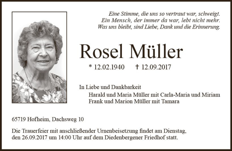 Traueranzeige für Rosel Müller vom 22.09.2017 aus Trauerportal Rhein Main Presse
