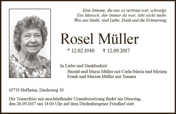Traueranzeige von Rosel Müller von Trauerportal Rhein Main Presse