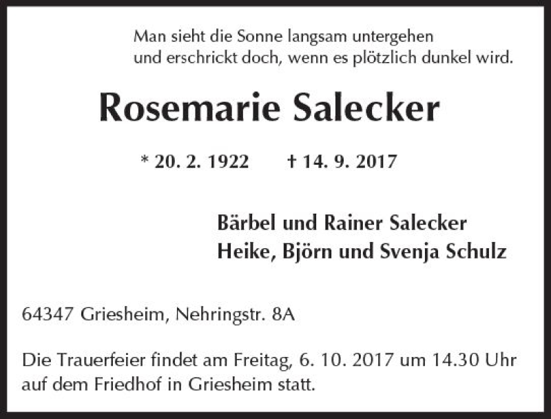  Traueranzeige für Rosemarie Salecker vom 22.09.2017 aus Trauerportal Rhein Main Presse
