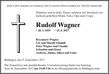 Traueranzeige von Rudolf Wagner von  Kreisanzeiger