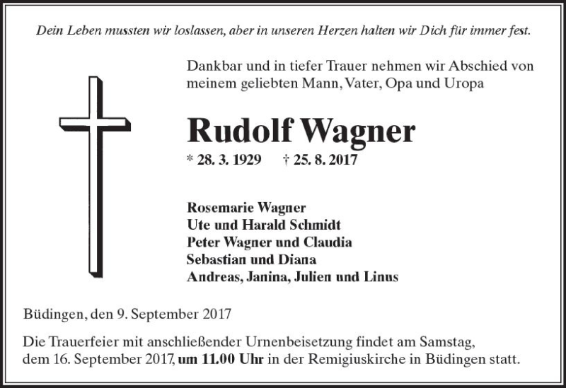  Traueranzeige für Rudolf Wagner vom 09.09.2017 aus  Kreisanzeiger