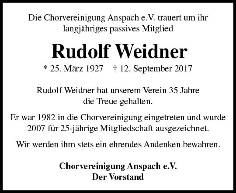  Traueranzeige für Rudolf Weidner vom 15.09.2017 aus  Usinger Anzeiger