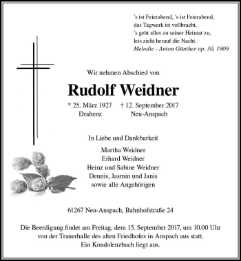 Traueranzeige von Rudolf Weidner von  Usinger Anzeiger