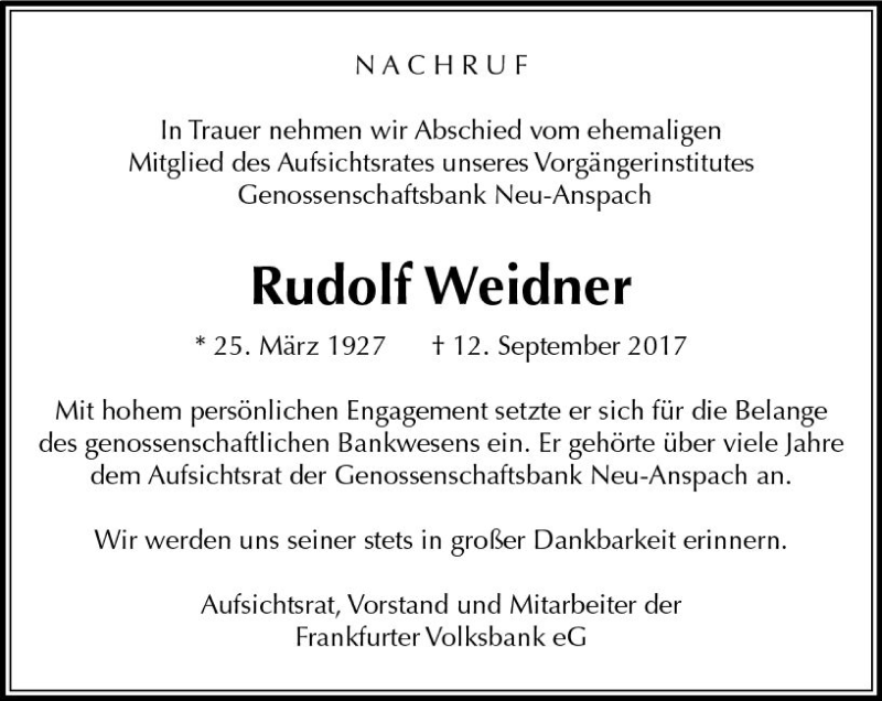  Traueranzeige für Rudolf Weidner vom 16.09.2017 aus  Usinger Anzeiger
