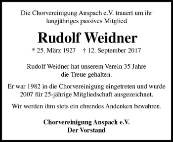 Traueranzeige von Rudolf Weidner von  Usinger Anzeiger