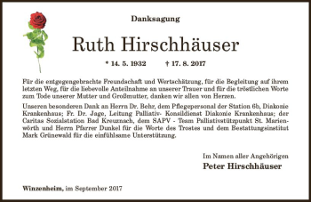 Traueranzeige von Ruth Hirschhäuser von Trauerportal Rhein Main Presse