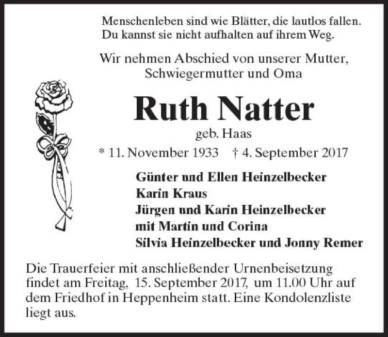  Traueranzeige für Ruth Natter vom 12.09.2017 aus Trauerportal Echo Online