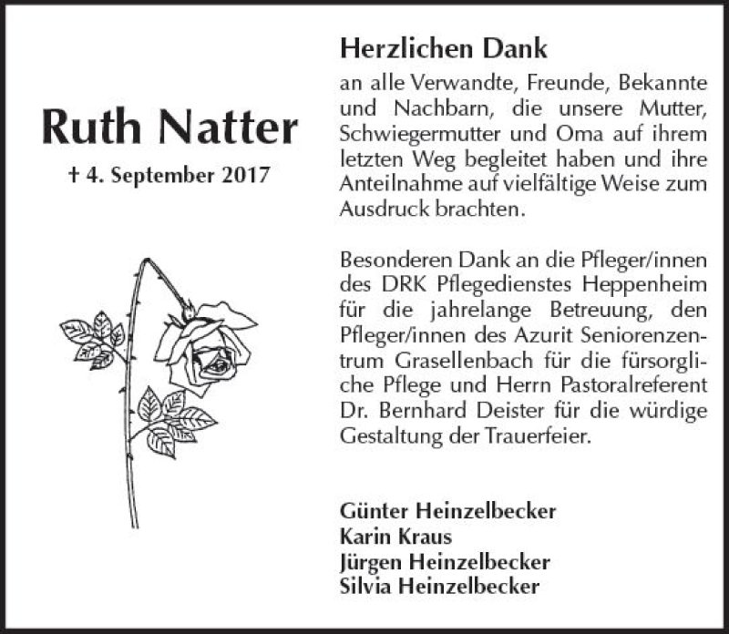  Traueranzeige für Ruth Natter vom 23.09.2017 aus Trauerportal Echo Online