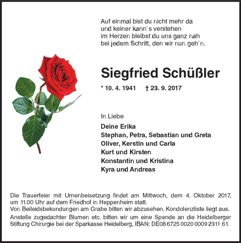  Traueranzeige für Siegfried Schüßler vom 30.09.2017 aus Trauerportal Echo Online