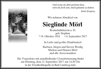 Traueranzeige von Sieglinde Mörl von  Camberger Anzeiger