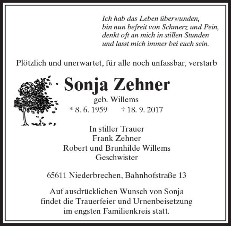  Traueranzeige für Sonja Zehner vom 28.09.2017 aus  Camberger Anzeiger