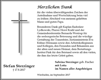 Traueranzeige von Stefan Sterzinger von Trauerportal Rhein Main Presse