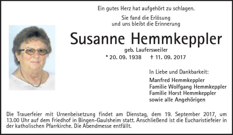  Traueranzeige für Susanne Hemmkeppler vom 14.09.2017 aus Trauerportal Rhein Main Presse