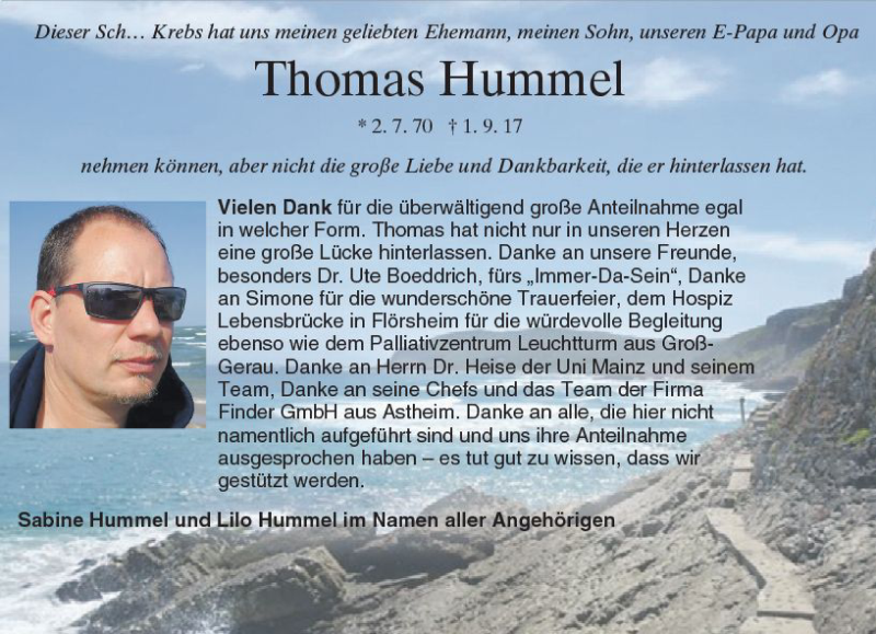  Traueranzeige für Thomas Hummel vom 30.09.2017 aus Trauerportal Rhein Main Presse
