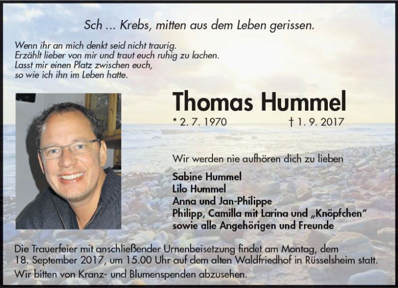  Traueranzeige für Thomas Hummel vom 09.09.2017 aus Trauerportal Rhein Main Presse