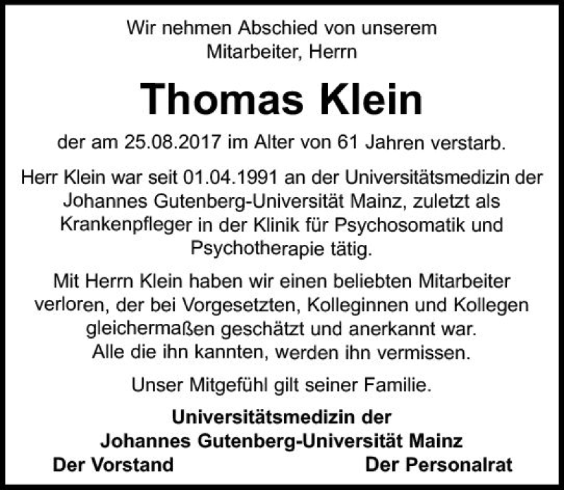  Traueranzeige für Thomas Klein vom 02.09.2017 aus Trauerportal Rhein Main Presse