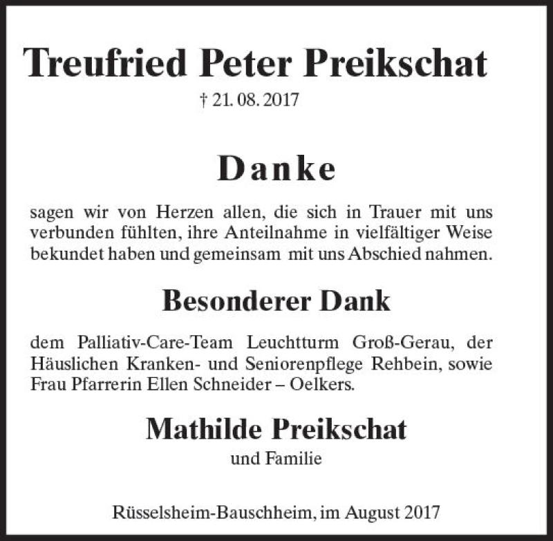  Traueranzeige für Treufried Peter Preikschat vom 02.09.2017 aus Trauerportal Rhein Main Presse