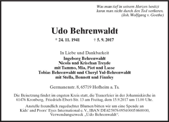 Traueranzeige von Udo Behrenwaldt von Trauerportal Rhein Main Presse