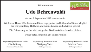 Traueranzeige von Udo Behrenwaldt von Trauerportal Rhein Main Presse