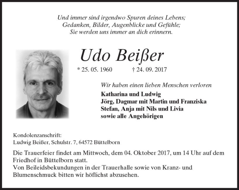  Traueranzeige für Udo Beißer vom 29.09.2017 aus Trauerportal Echo Online