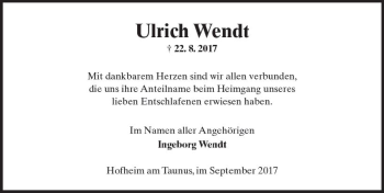 Traueranzeige von Ulrich Wendt von Trauerportal Rhein Main Presse