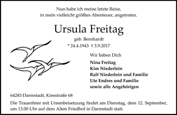 Traueranzeige von Ursula Freitag von Trauerportal Echo Online